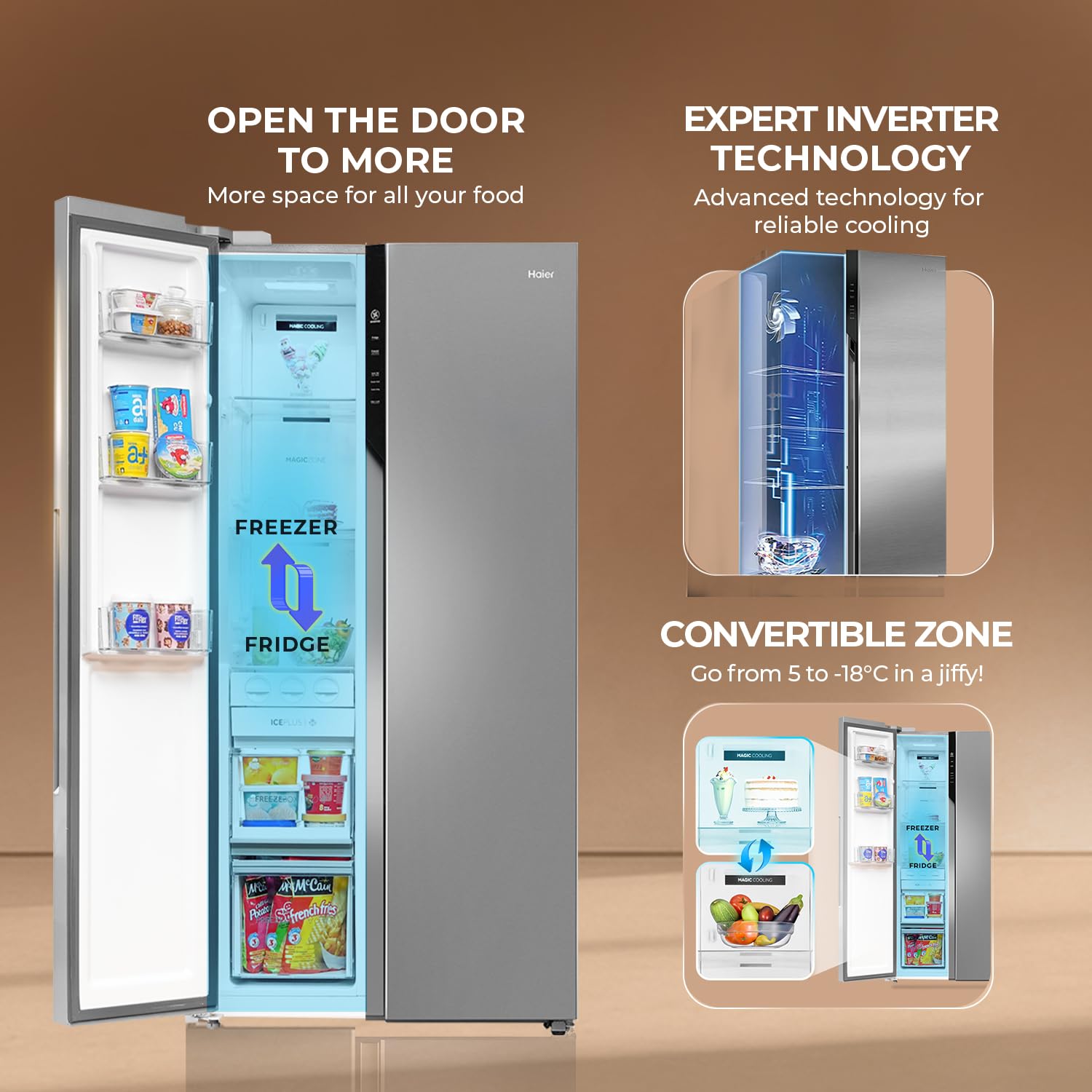 Haier 596L 3Star 2 Door Side by Side Frost Free Refrigerator|100% Convertible|Expert Inverter|Digital Display Panel|Twist Ice Tray|Deo Fresh Technology (HES-690SS, Shiny Silver) - Image 2