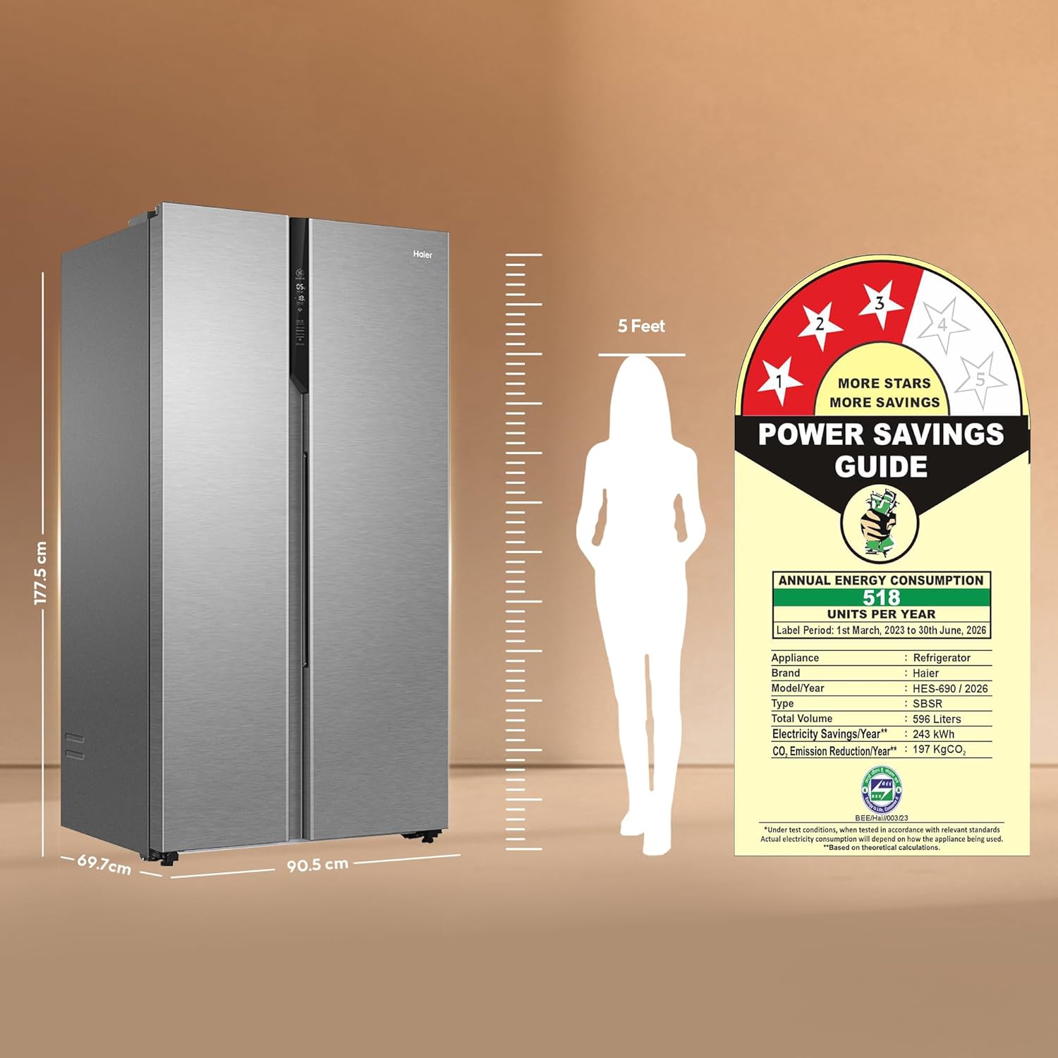 Haier 596L 3Star 2 Door Side by Side Frost Free Refrigerator|100% Convertible|Expert Inverter|Digital Display Panel|Twist Ice Tray|Deo Fresh Technology (HES-690SS, Shiny Silver) - Image 4